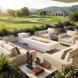 Outdoor patio with fire pit, furniture, and scenic golf course view