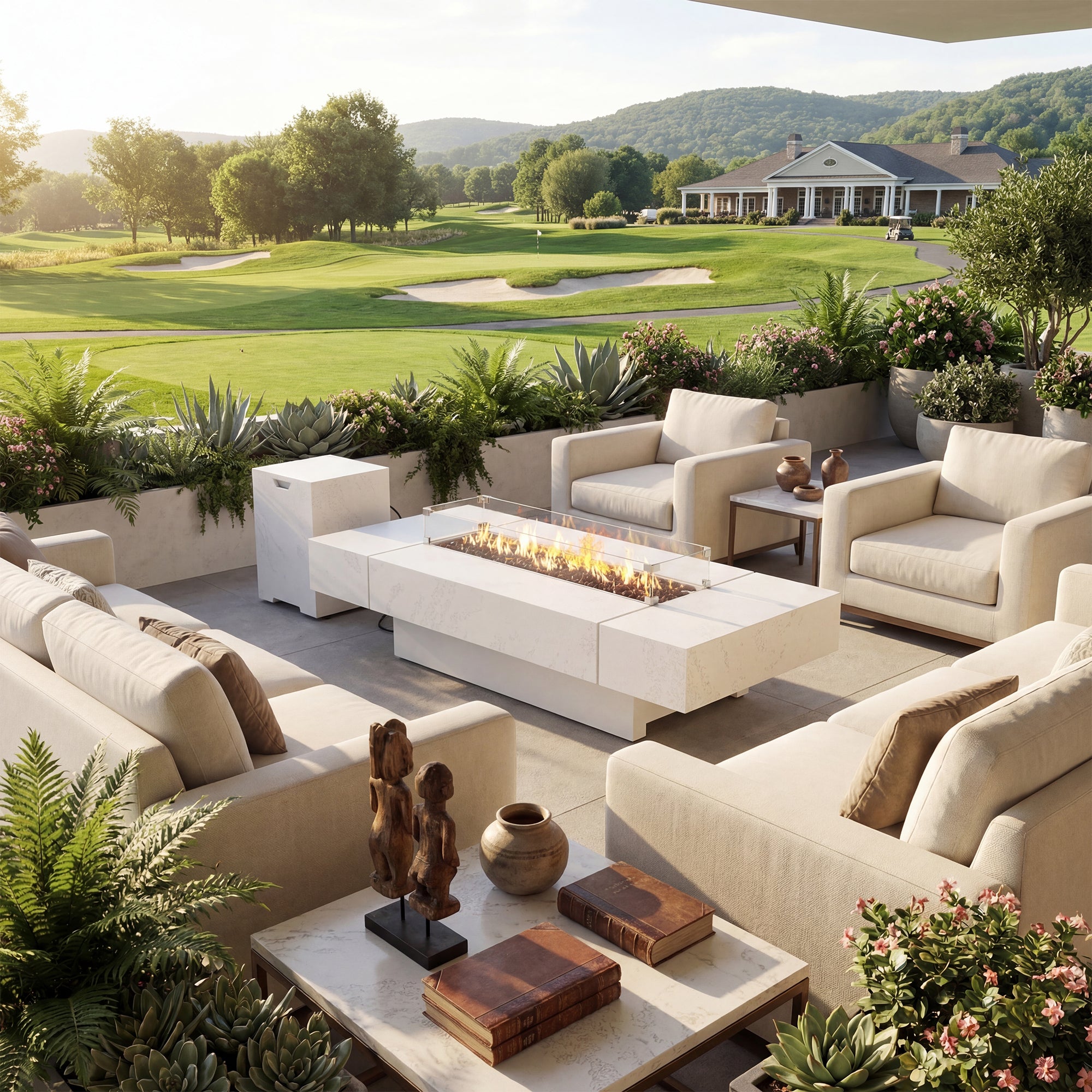 Outdoor patio with fire pit, furniture, and scenic golf course view