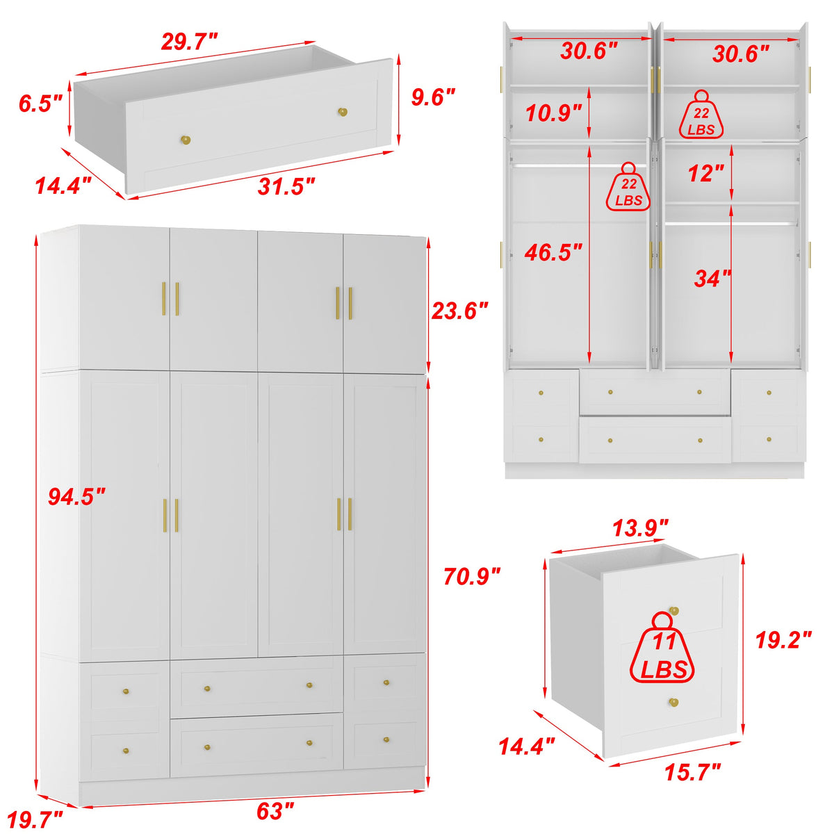 63" Modern White Wardrobe With 8 Doors 6 Drawers