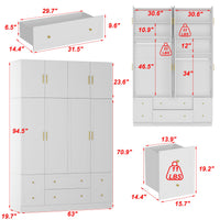 63" Modern White Wardrobe With 8 Doors 6 Drawers