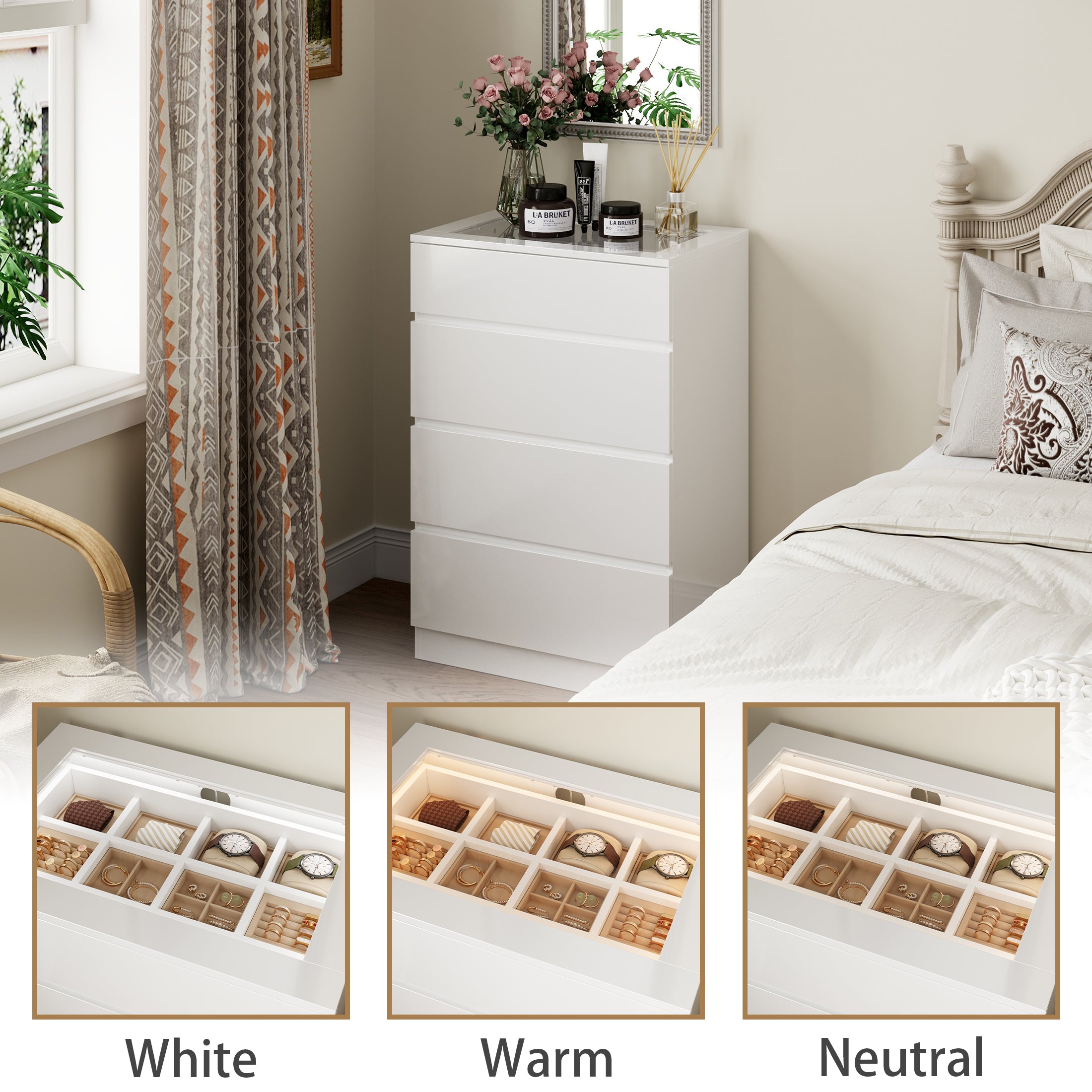 White dresser with jewelry organizer top and 4 drawers