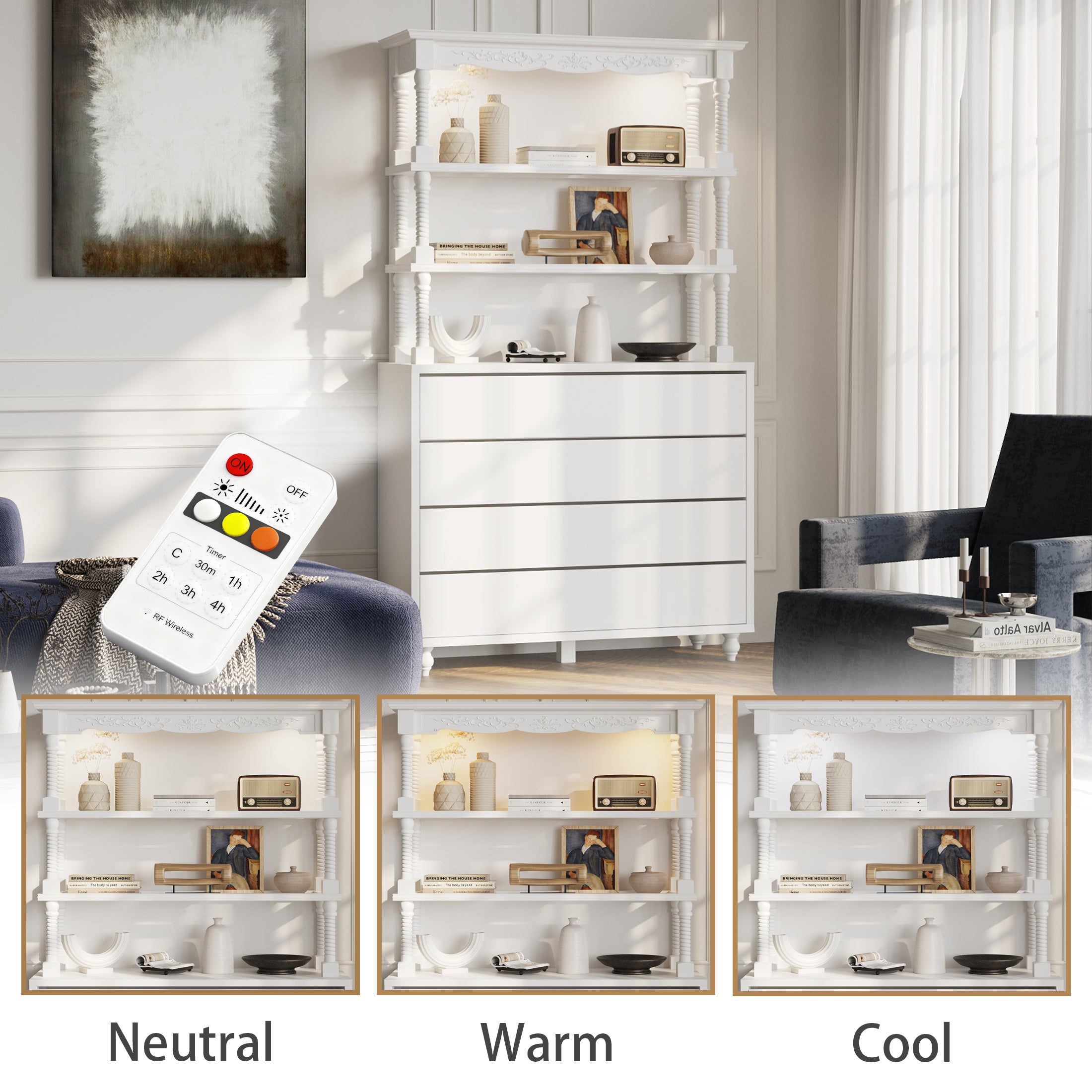 Elegant White Storage Cabinet With Adjustable Lighting