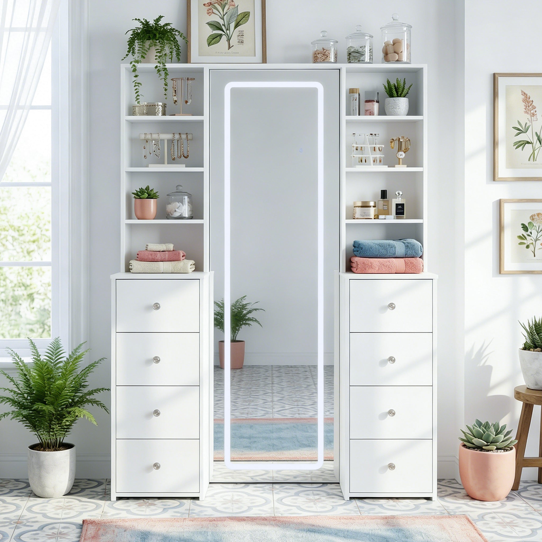 White makeup vanity with full-length LED mirror, side shelves, and drawer storage