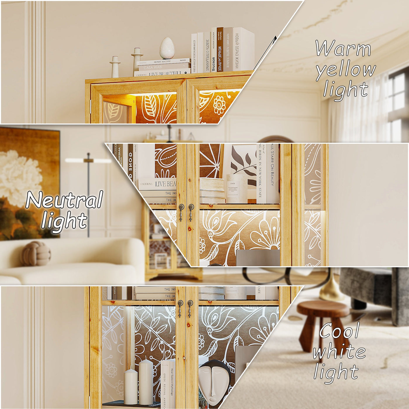74.2" Traditional Natural China Cabinet With Lights And Floral-etched Glass Doors