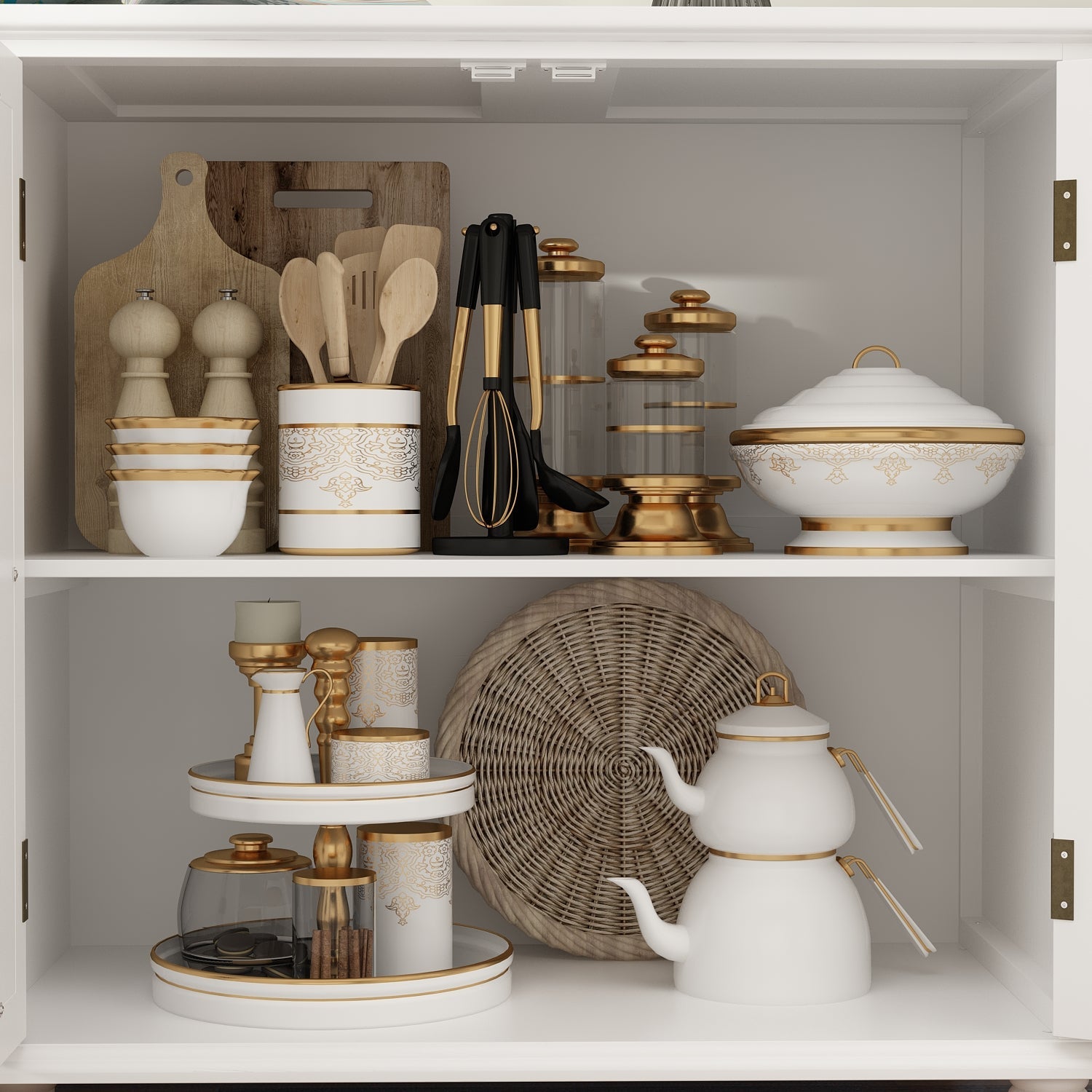 Wood Storage Cabinet Modern Sideboard Stand with 4 Mirrored Glass Doors