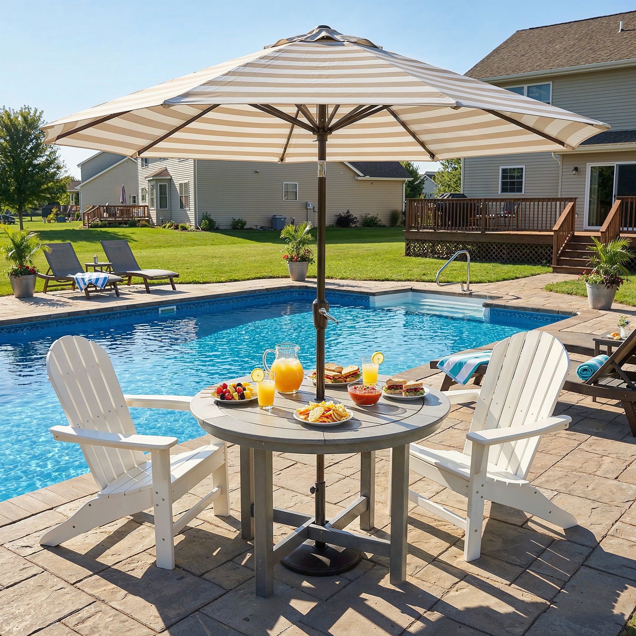 Outdoor patio setup with table, chairs, and umbrella by a poolside.