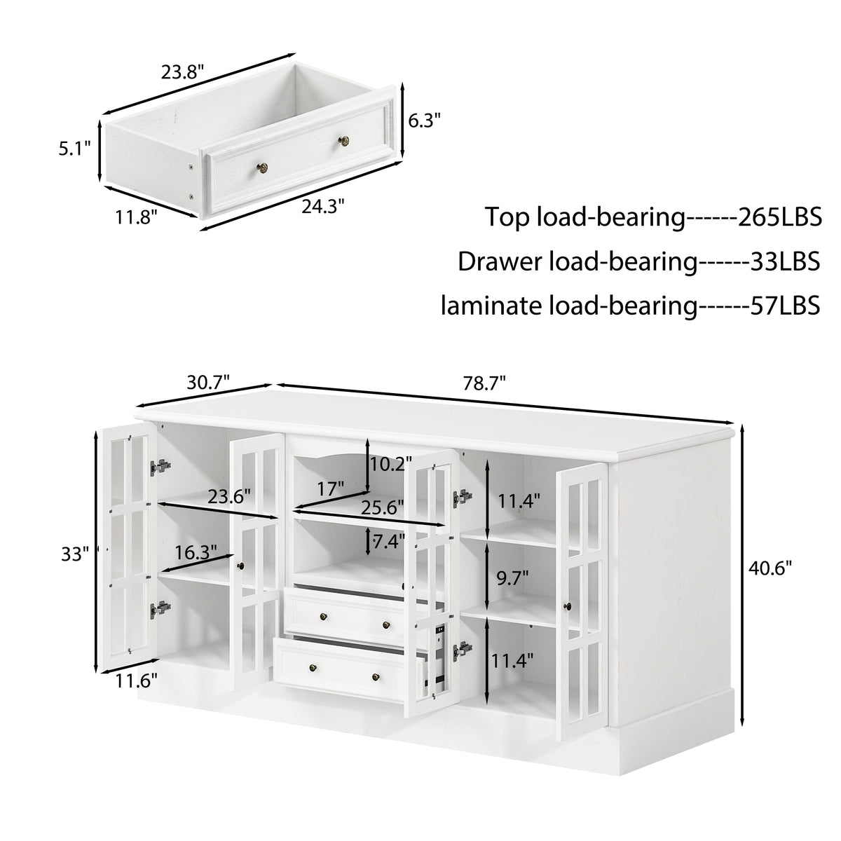 White kitchen island with glass cabinet doors, open shelves, and center drawers