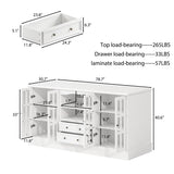 White kitchen island with glass cabinet doors, open shelves, and center drawers