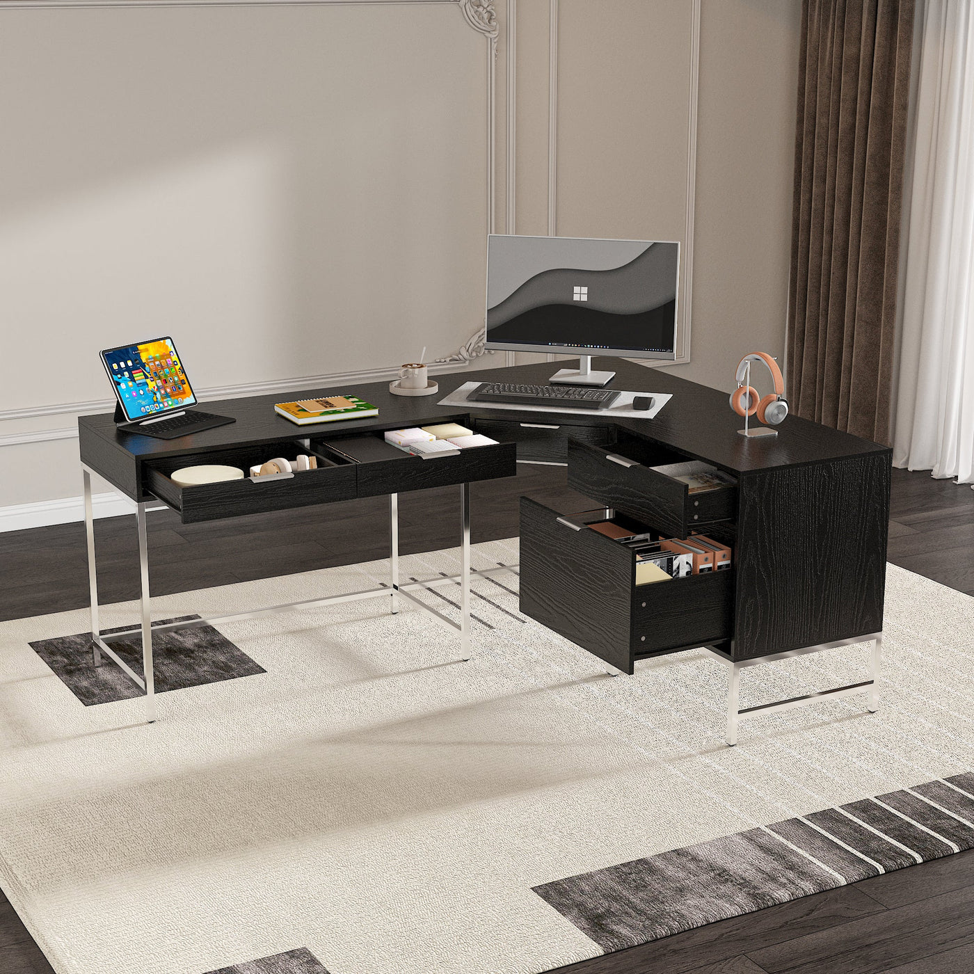 70.8" Modern Black L-Shaped Computer Desk With 4 Standard Drawers, 1 File Drawer