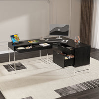 70.8" Modern Black L-Shaped Computer Desk With 4 Standard Drawers, 1 File Drawer