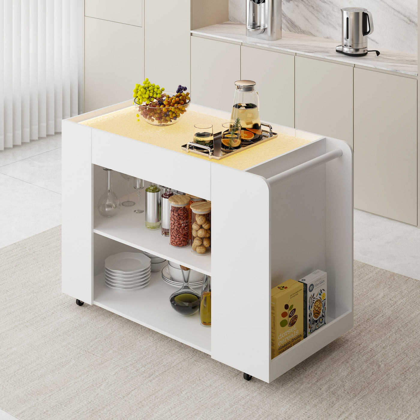 47.8" Rolling Kitchen Island Cart with Glass Top and Light