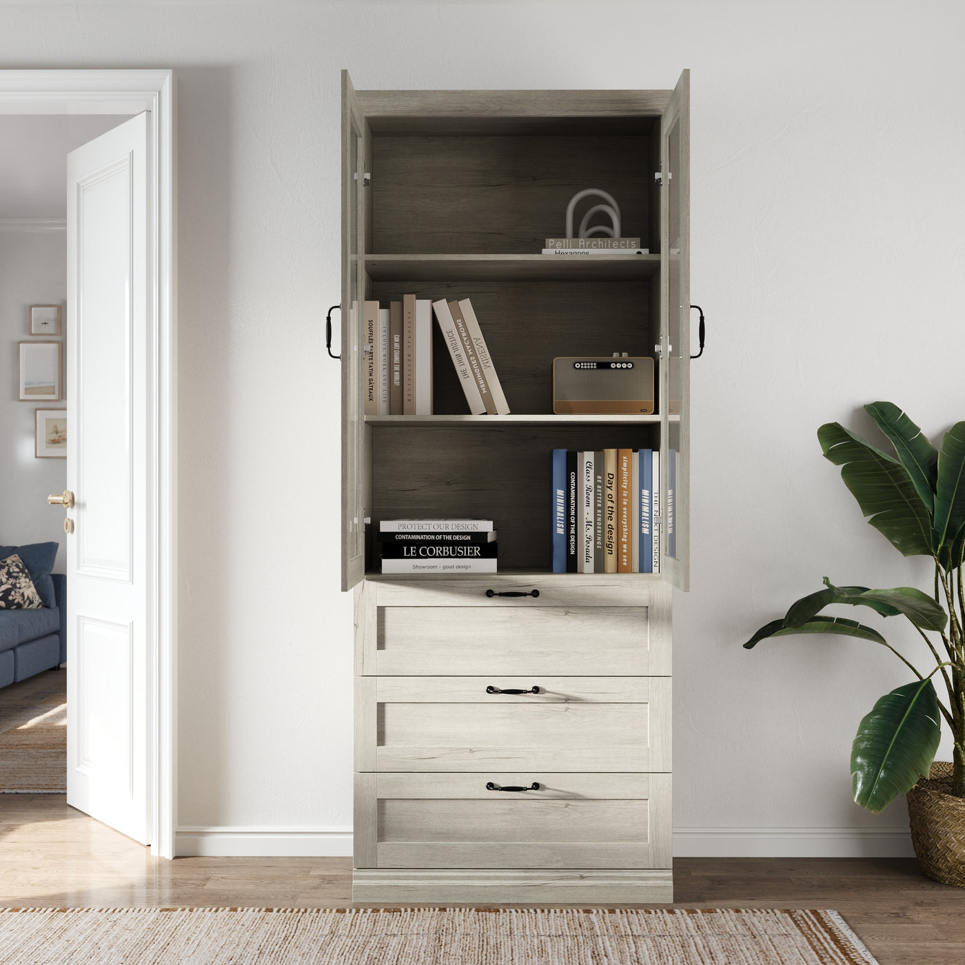 31.5" Farmhouse White Display Bookcase with Glass Doors & 2 Drawers