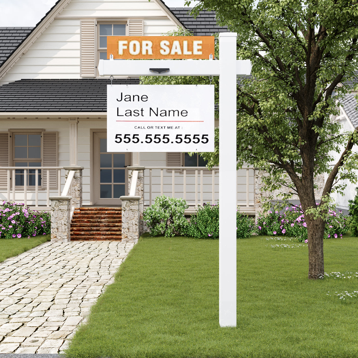 Real estate sign in front of a house