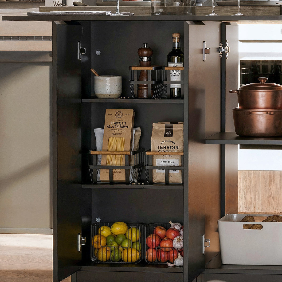 77.3" Modern Black Kitchen Island with Adjustable Shelves and Butcher Block Top