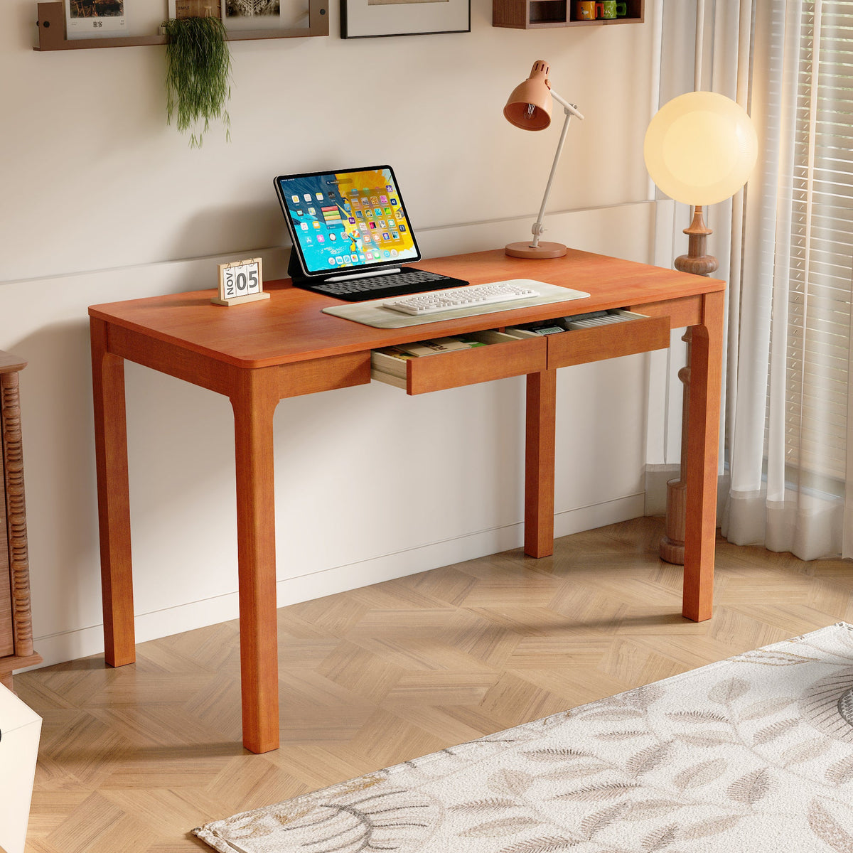 47.2" Modern Scandinavian Brown Rubberwood Writing Desk with Double Drawers