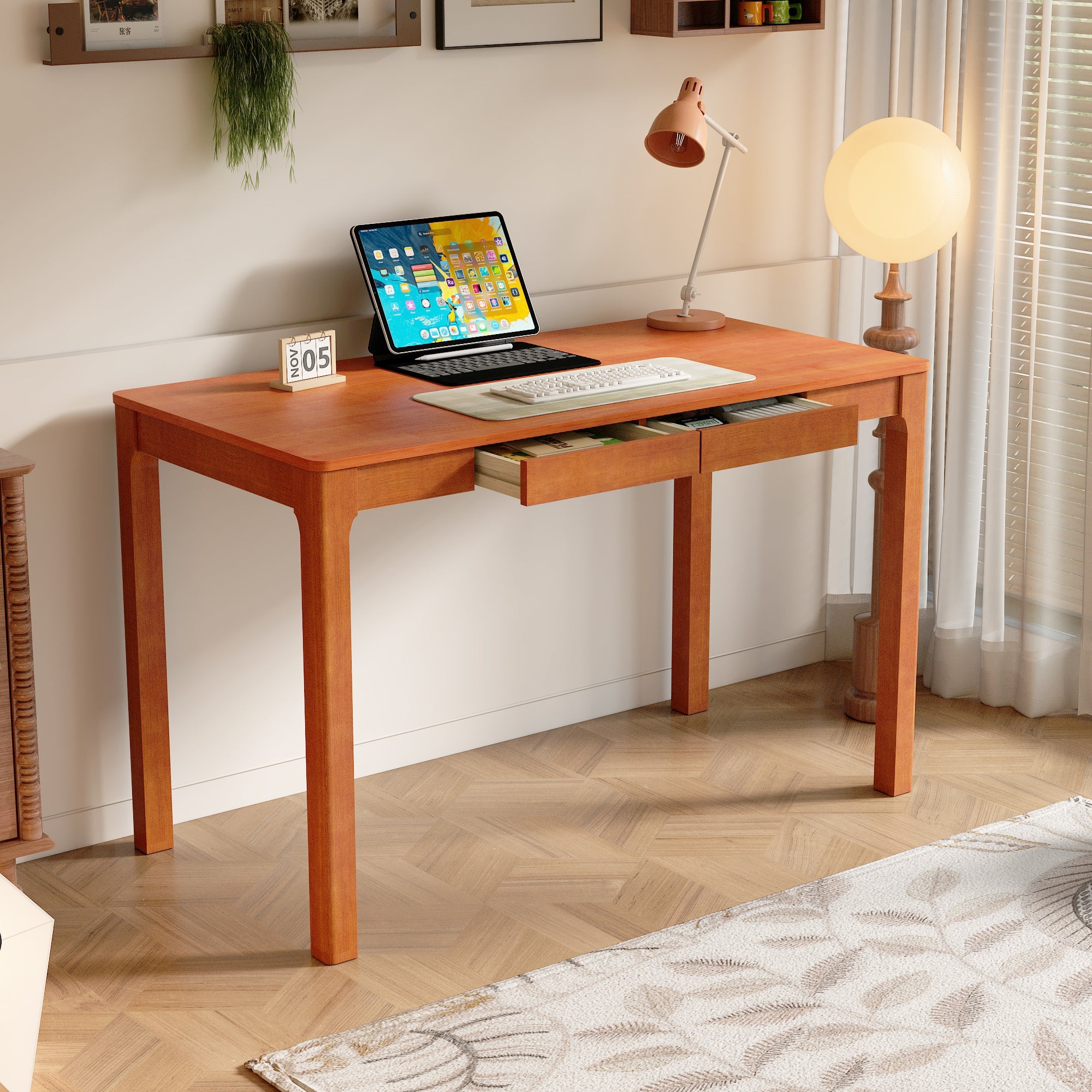 Double Drawer Rubberwood Writing Desk