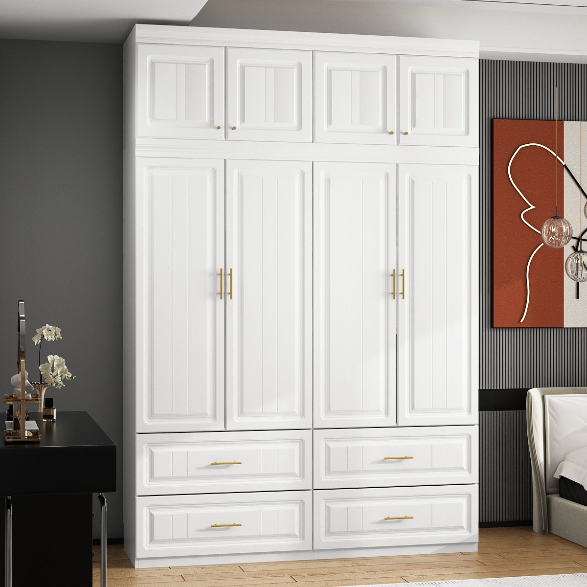 63" Modern White Vacuum-Formed Armoire with Top Cabinet, 4 Doors and 4 Drawers