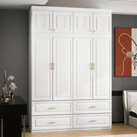 63" Modern White Vacuum-Formed Armoire with Top Cabinet, 4 Doors and 4 Drawers
