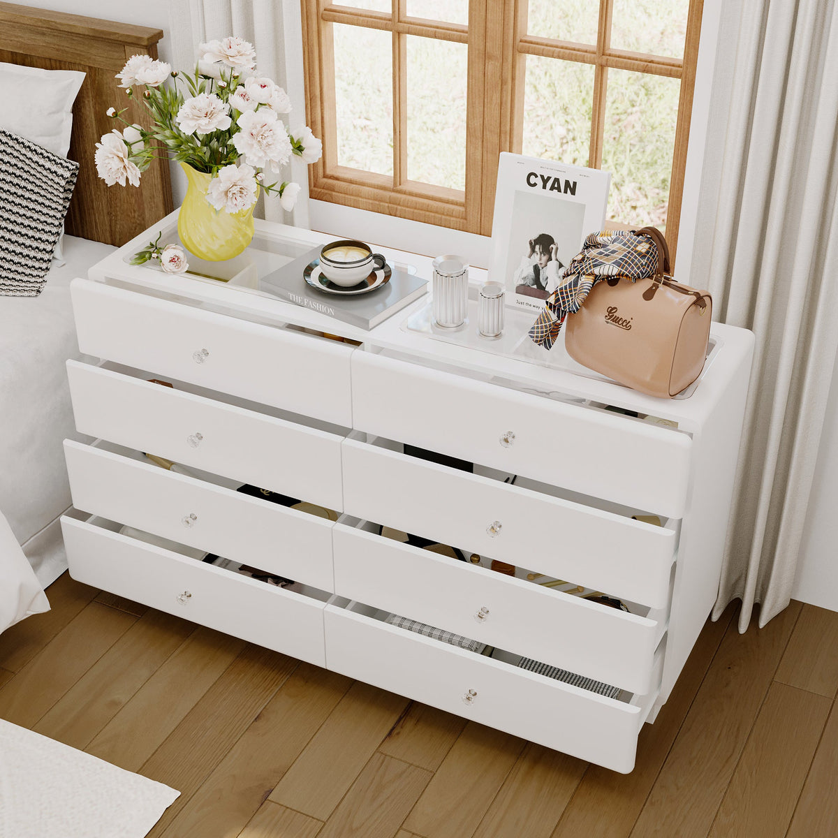 55.1" Modern White Double Dresser with Adjustable Lights