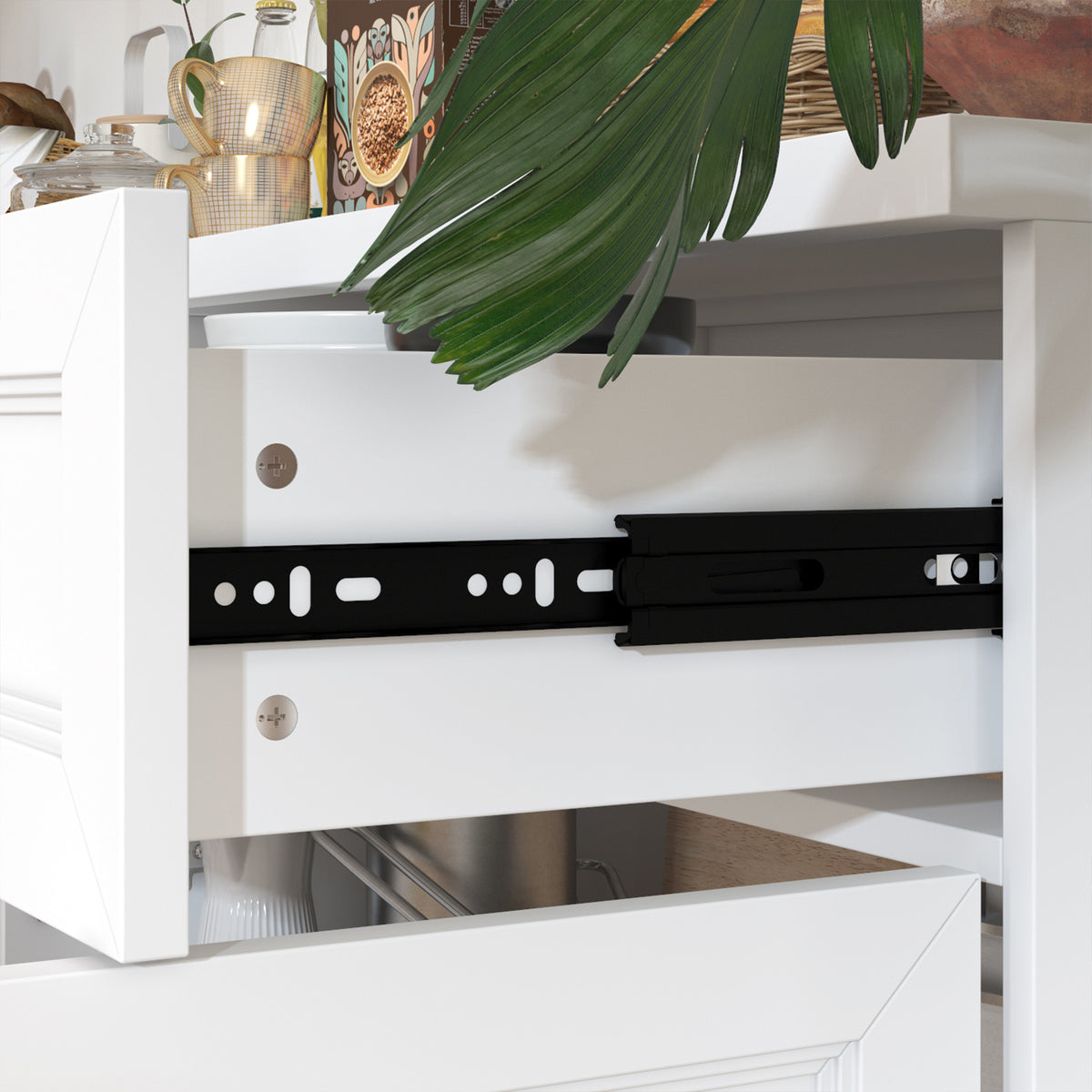 63" Modern White Kitchen Pantry Cabinet with 8 Doors, 2 Drawers & Large Central Worktop