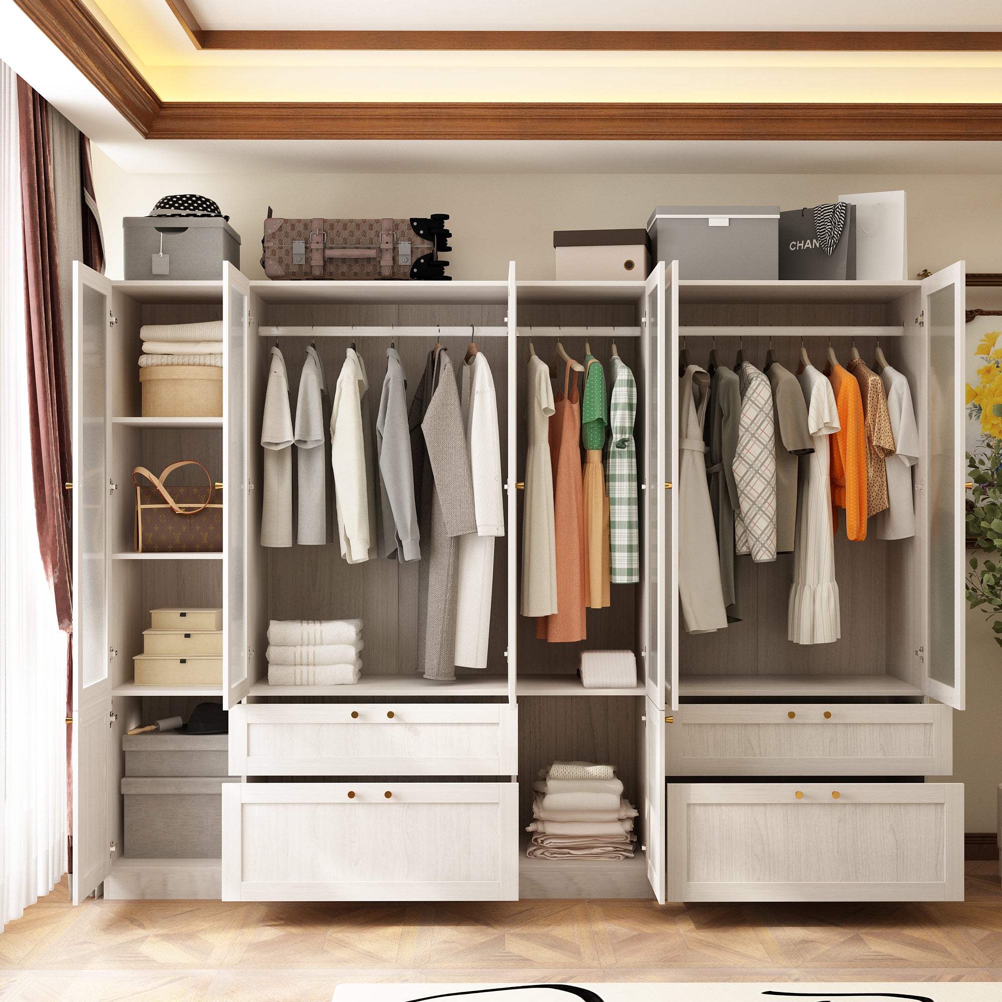 Elegant Multi-Compartment Wardrobe with Frosted Glass Doors & Ample Storage