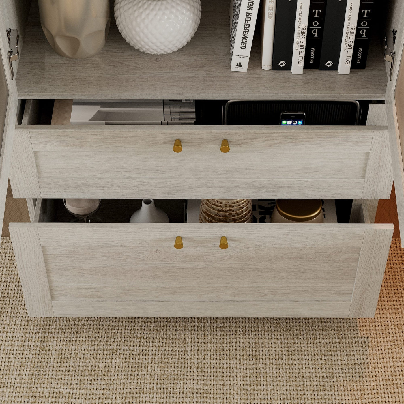 31.5" Modern Minimalist Natural Glass Display Cabinet With Gold Handles And Storage Drawers