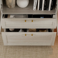 31.5" Modern Minimalist Natural Glass Display Cabinet With Gold Handles And Storage Drawers