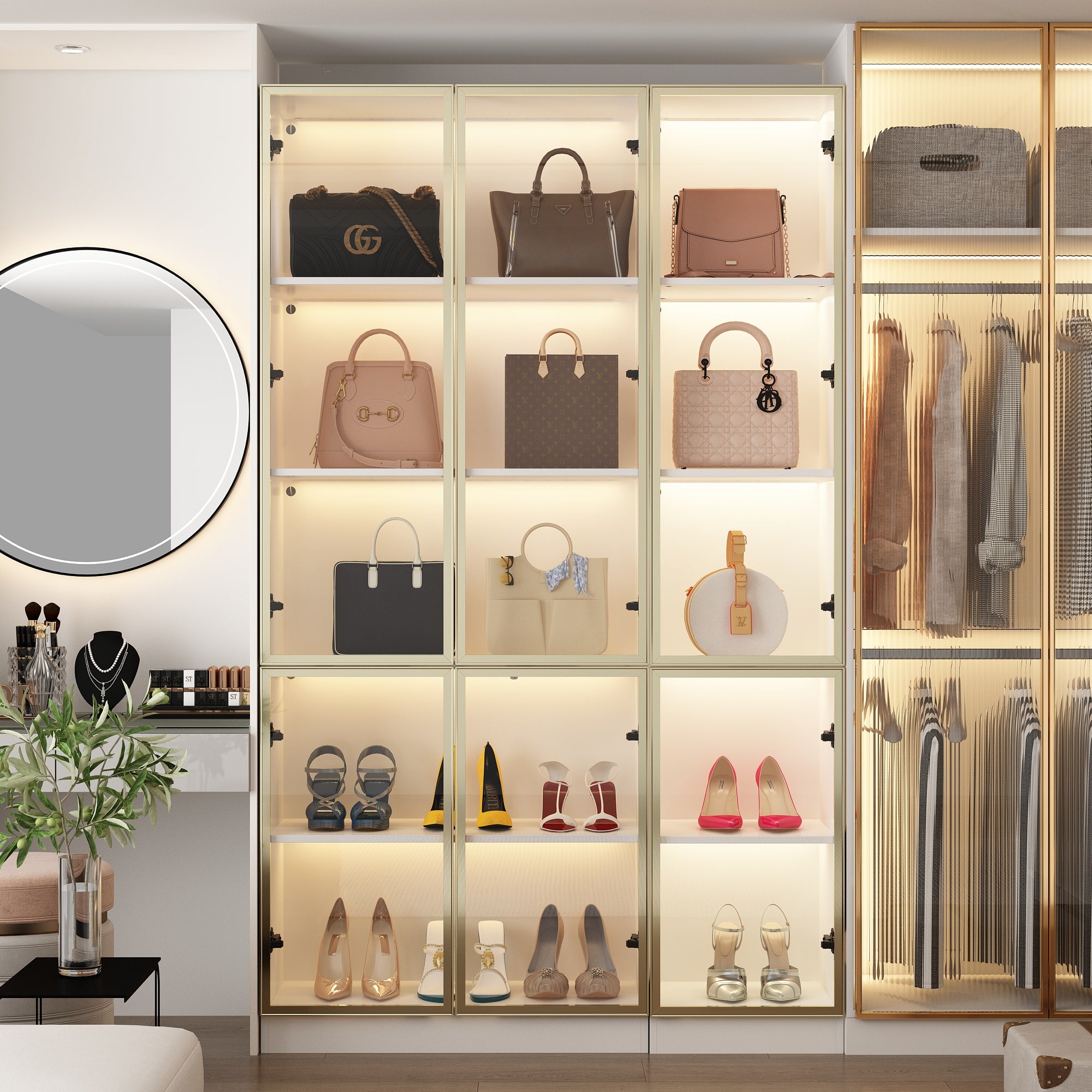 78.7'' H x 63'' W Bookcase with Glass Doors & 3-Color Changing Lights