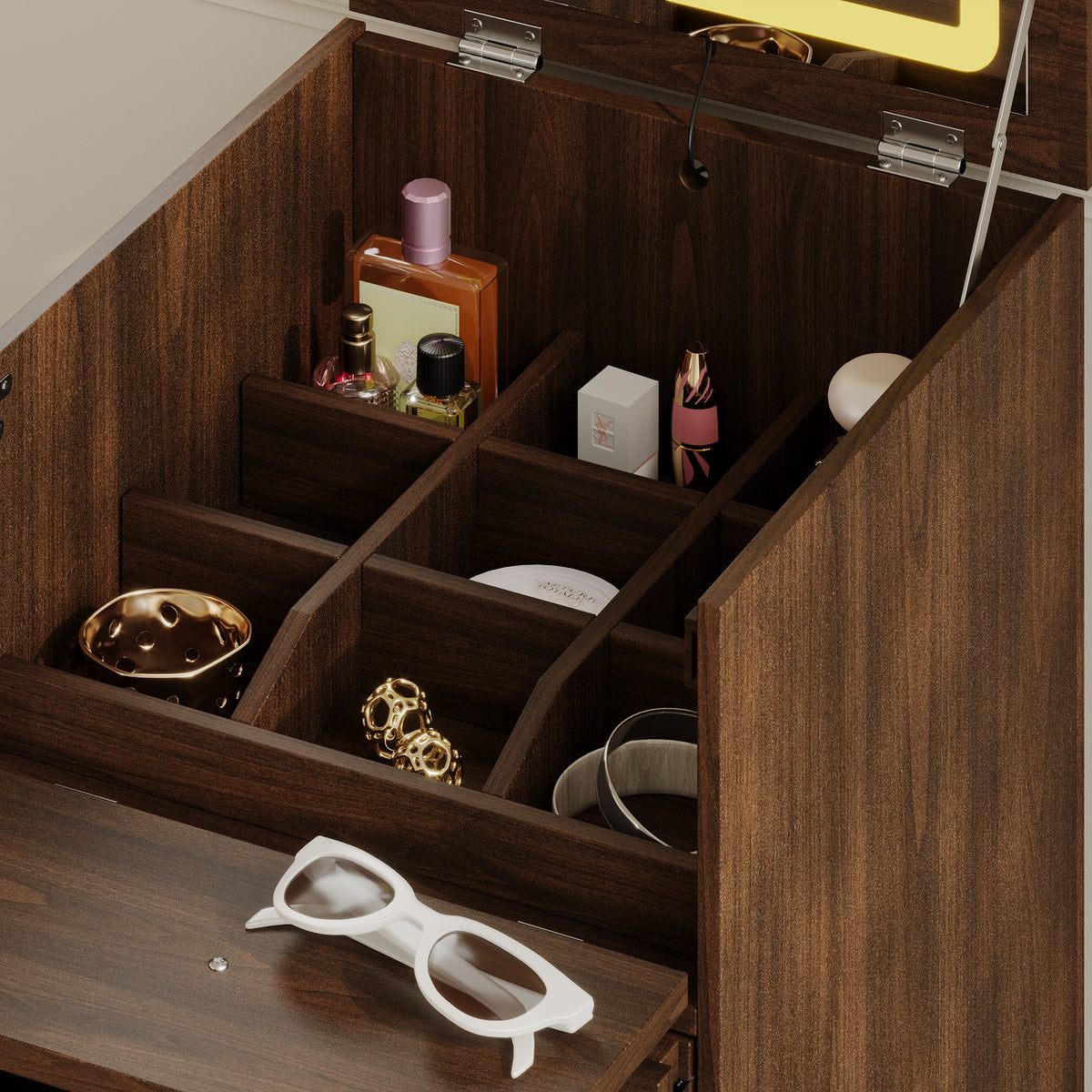 15.7" Mid-century Brown Movable Vanity Table with LED Mirror & 4 Drawers