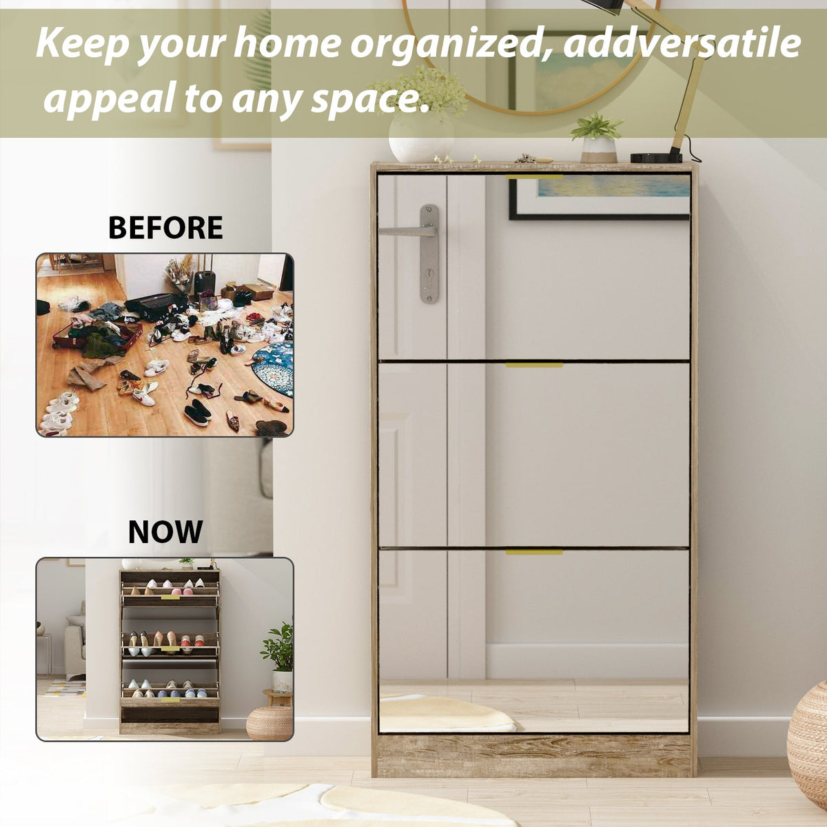 Entryway Shoe Storage Cabinet with 3 Flip Drawers Wood Shoe Cabinet Shoe Organizer with Mirrored Front