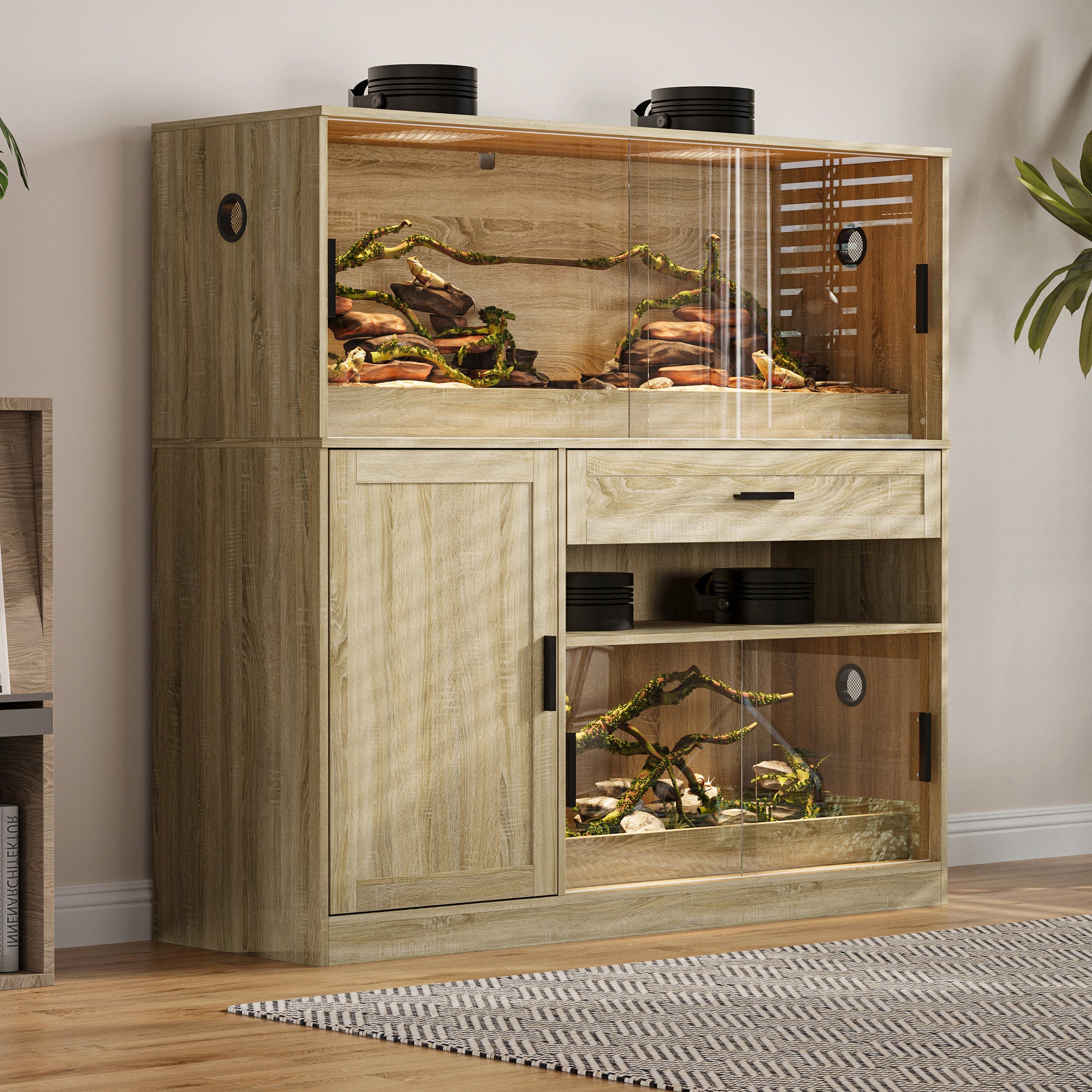 Dual-Zone Reptile Terrarium With Tempered Glass & Storage Cabinet