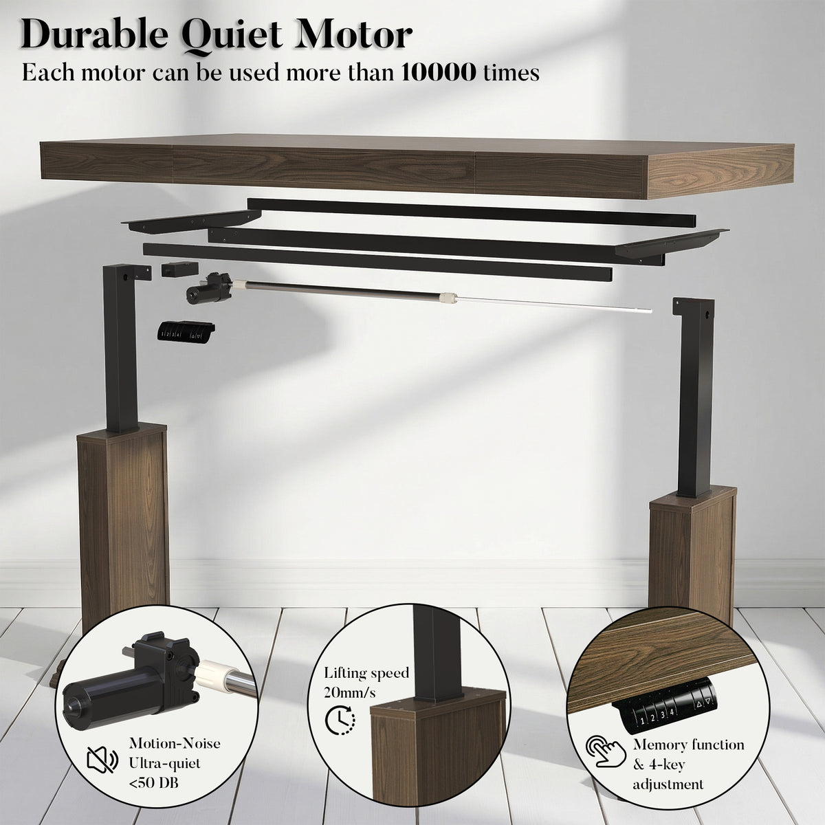 Dark wood standing desk with electric height adjustment and control panel