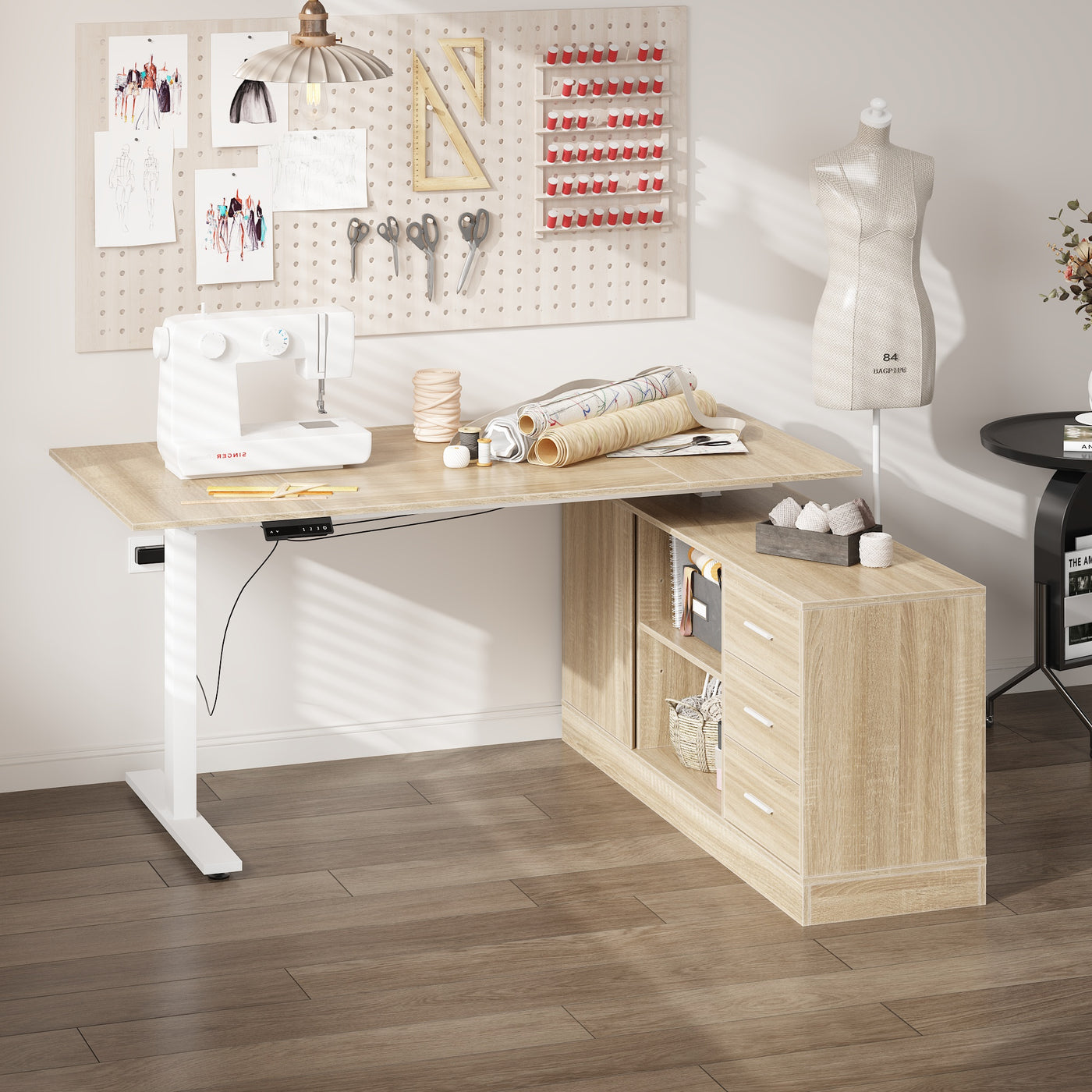 63" Modern Minimalist White Standing Desk with 3 Drawers and 2 Shelves