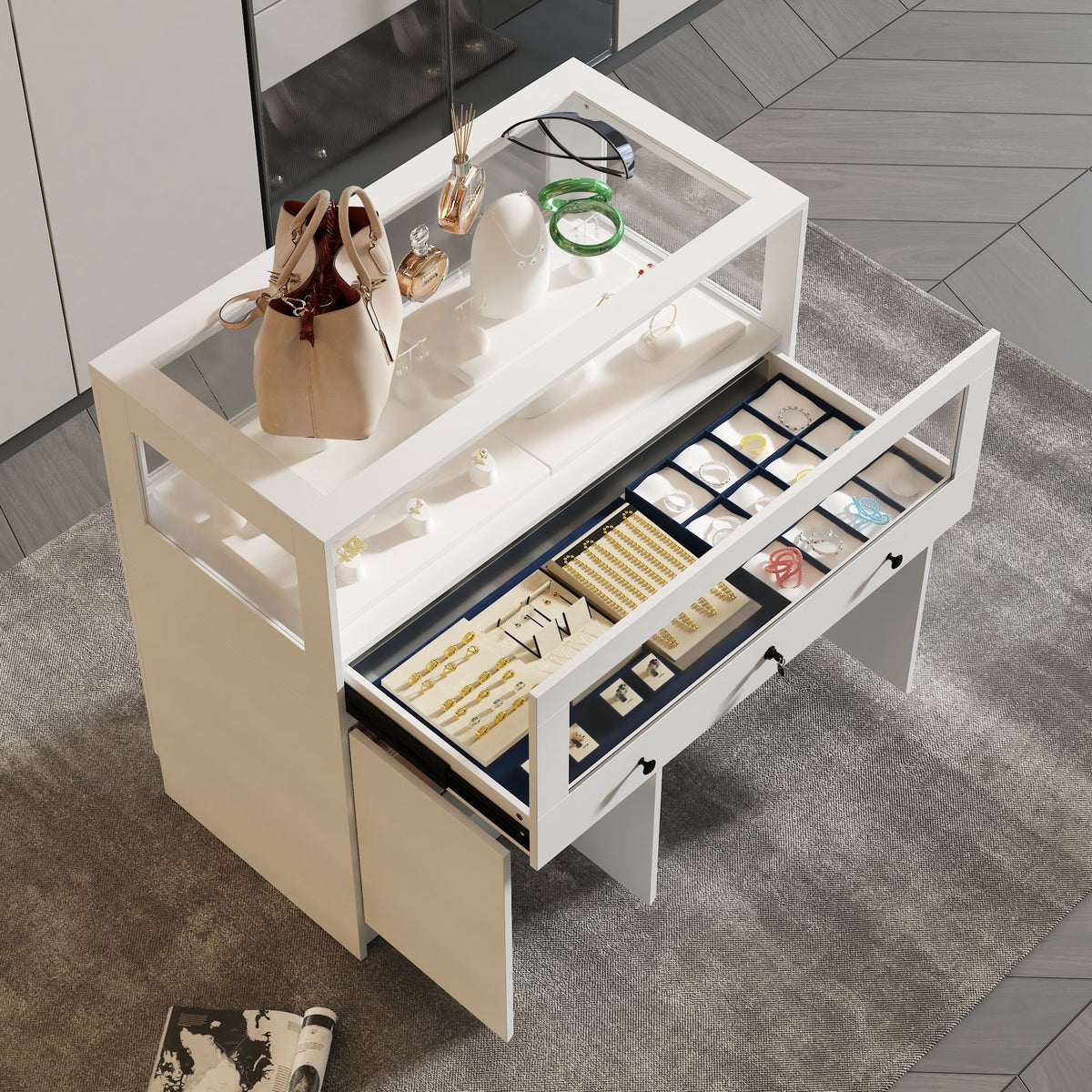 39.4 inches Modern Minimalist White Jewelry Display Cabinet With Lock And Tempered Glass