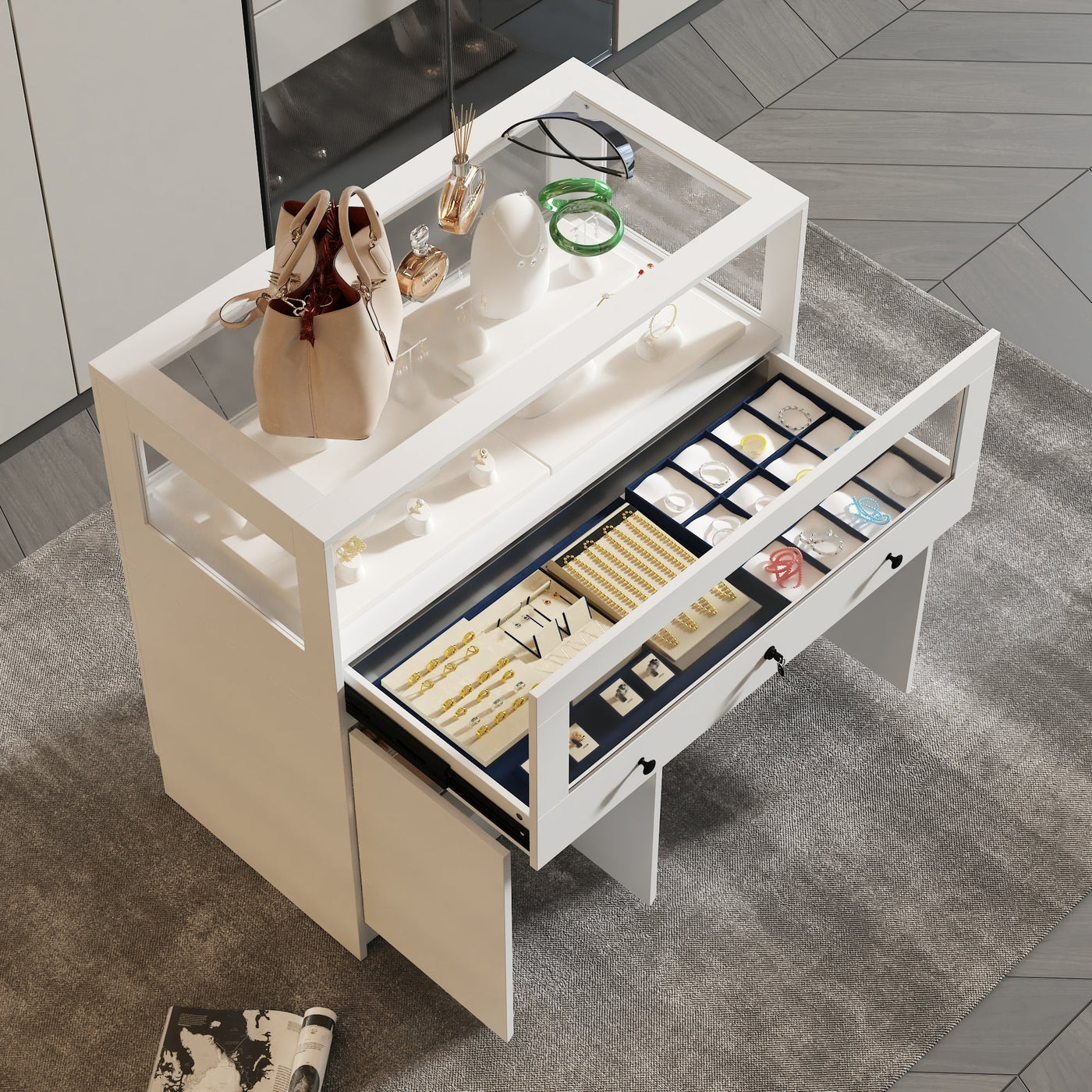 39.4" Modern Minimalist White Jewelry Display Cabinet With Lock And Tempered Glass