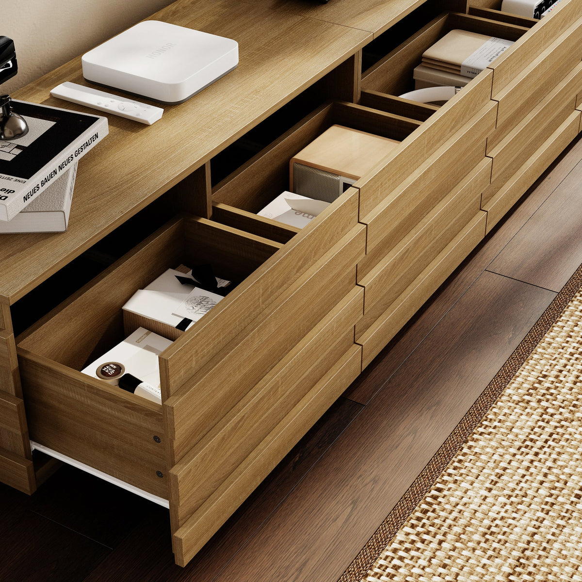 78.7" Modern Scandinavian Natural TV Stand Media Console with 4 Drawers