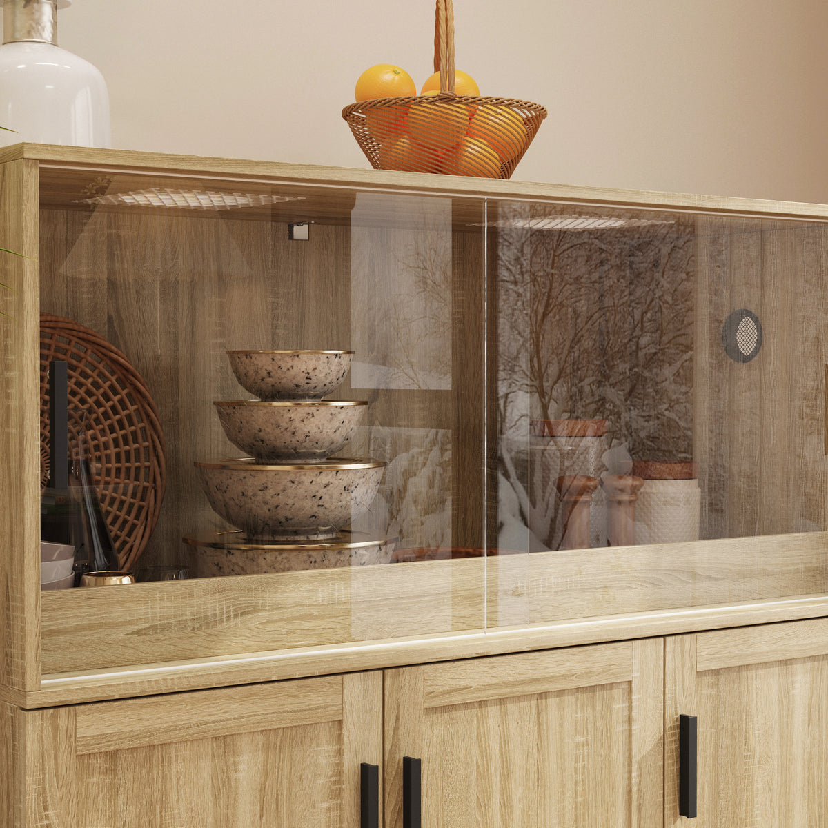 47.2" Modern Natural Wood Food Pantry Cabinet with Sliding Glass Doors & Ventilated Design