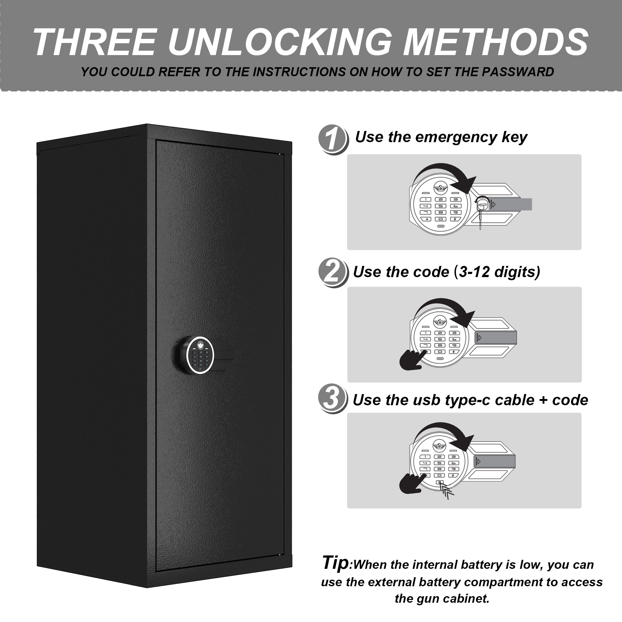 62'' H Storage Cabinet With 39.4'' H Gun Safe With Sensor Light & Pistol Rack & Gun Stock