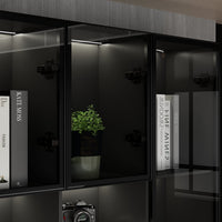 90.6" Transitional Black Computer Desk With Light And Glass Hinged Doors