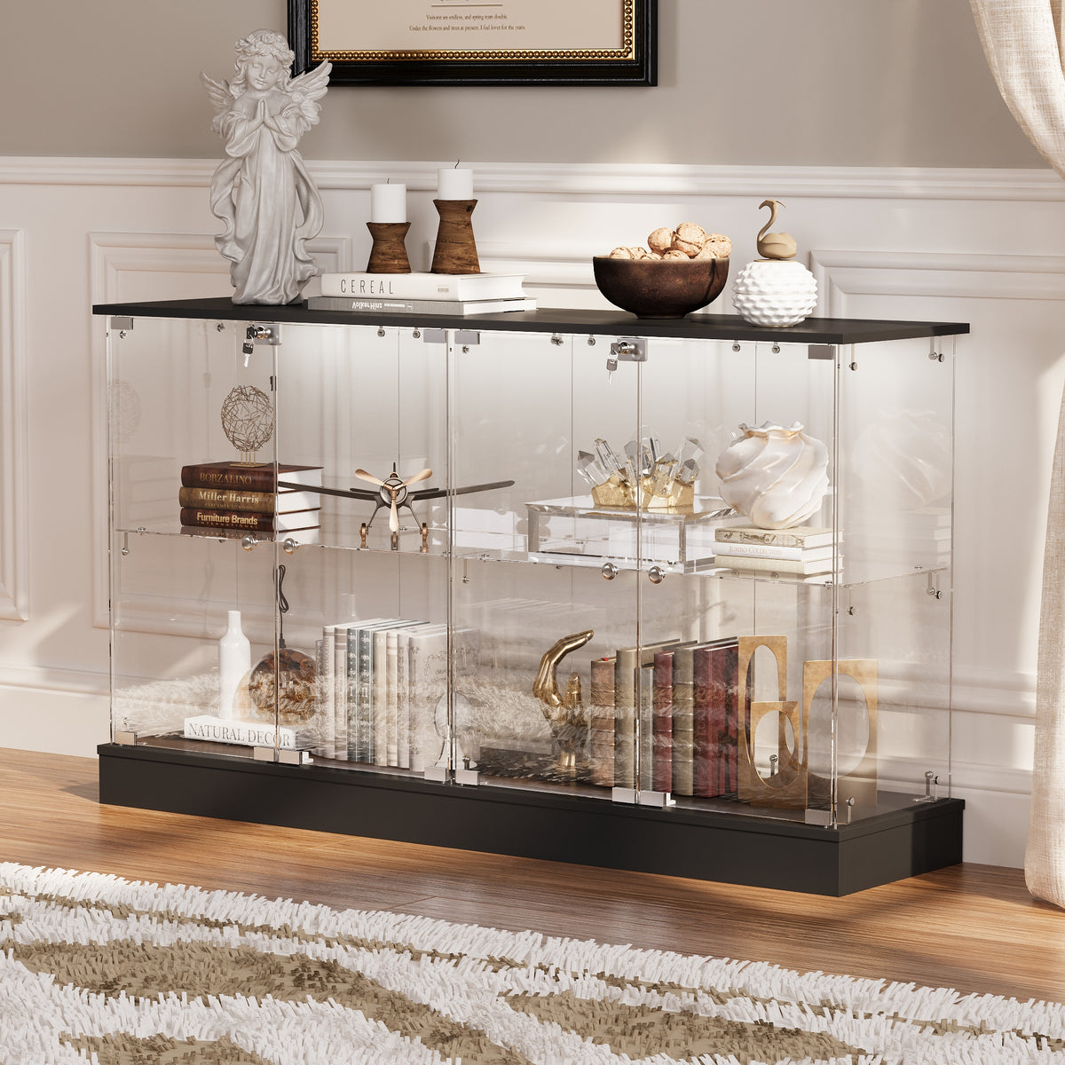 55.1" Modern Black Sideboard Display Case with LED Lighting & Full Glass Design