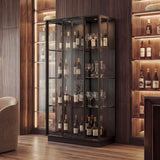 Black display cabinet with glass doors and LED lighting