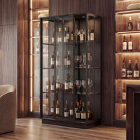 Black display cabinet with glass doors and LED lighting