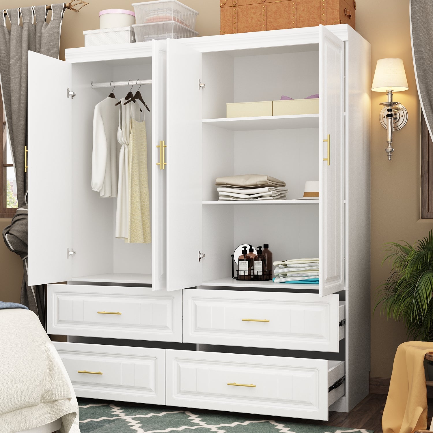 Family Cabinet Wardrobe Bedroom Armoire Home Closet 4 Doors and Drawers