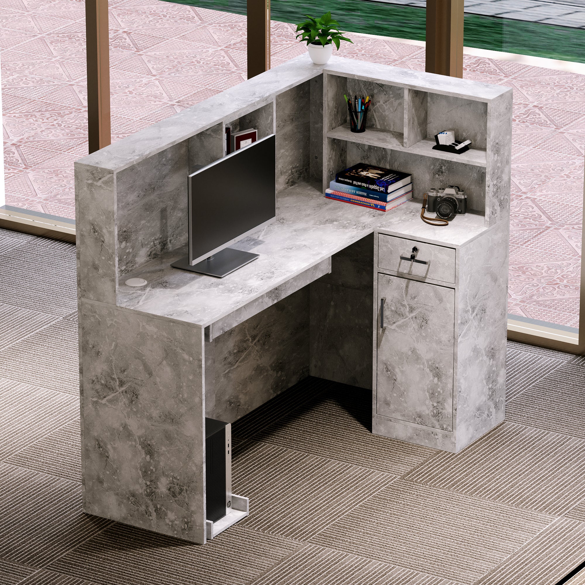 L-Shaped Reception Desk with Large Storage Filing Cabinets