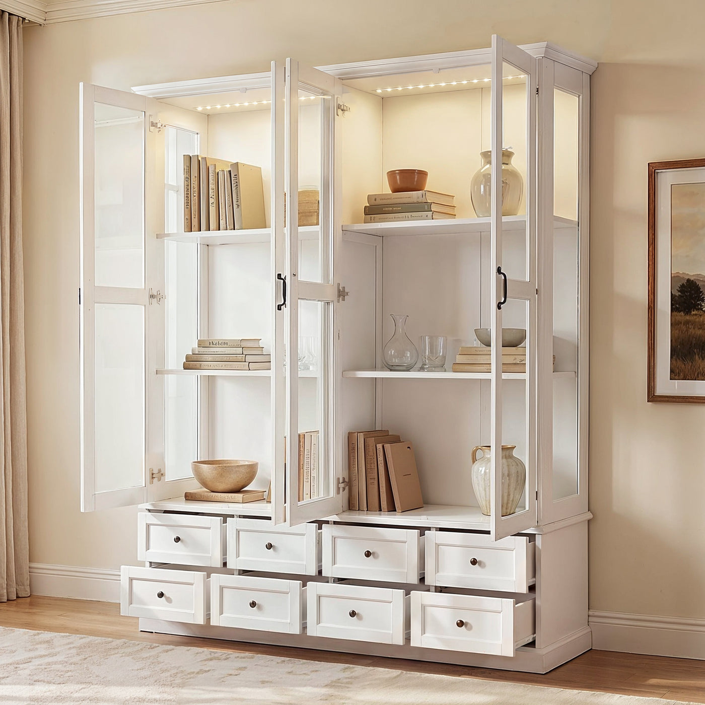 63" Smart White Display Cabinet with Bluetooth LED Lights, 8 Drawers and Glass Doors