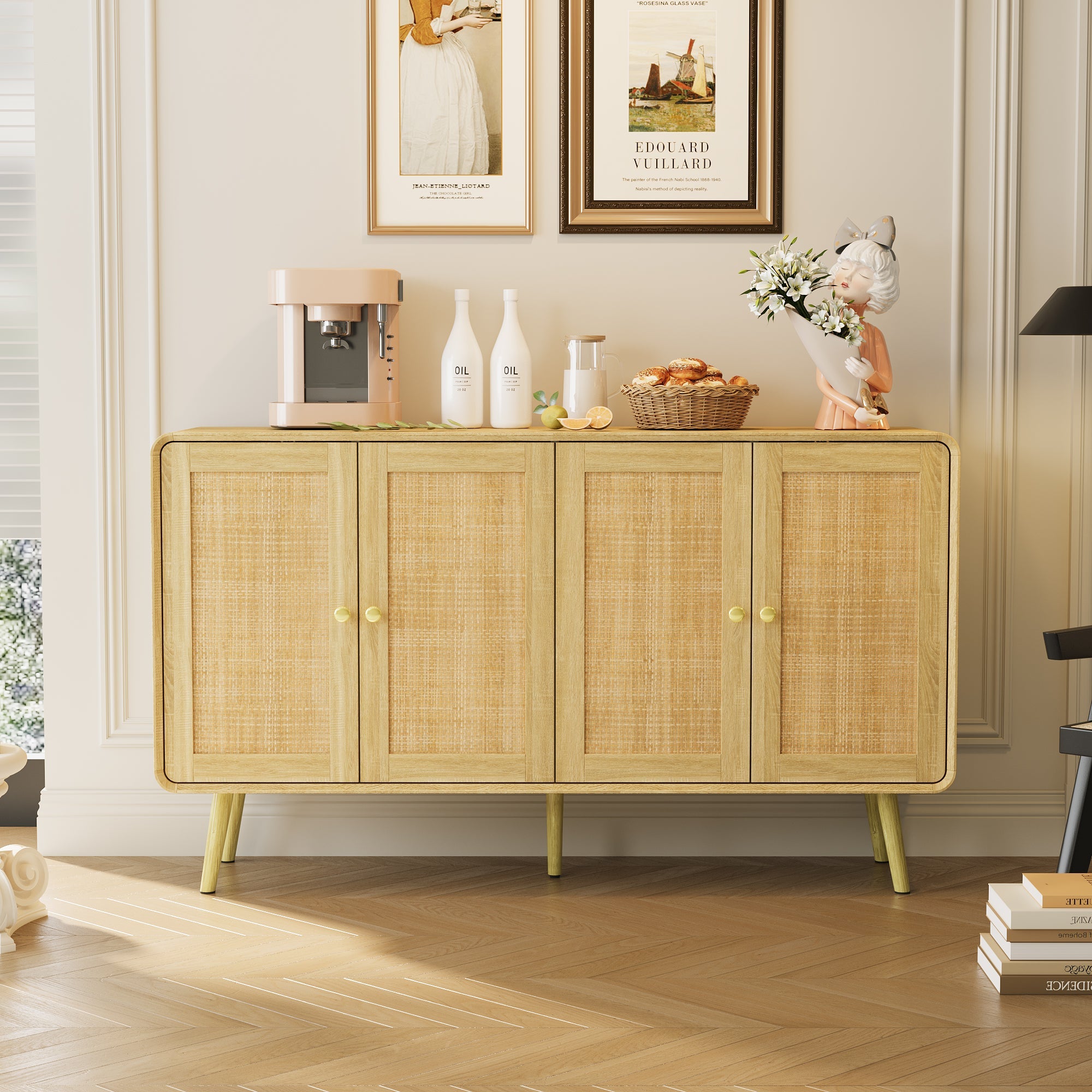 Mid-Century Modern Sideboard With Rattan Doors And Adjustable Shelves