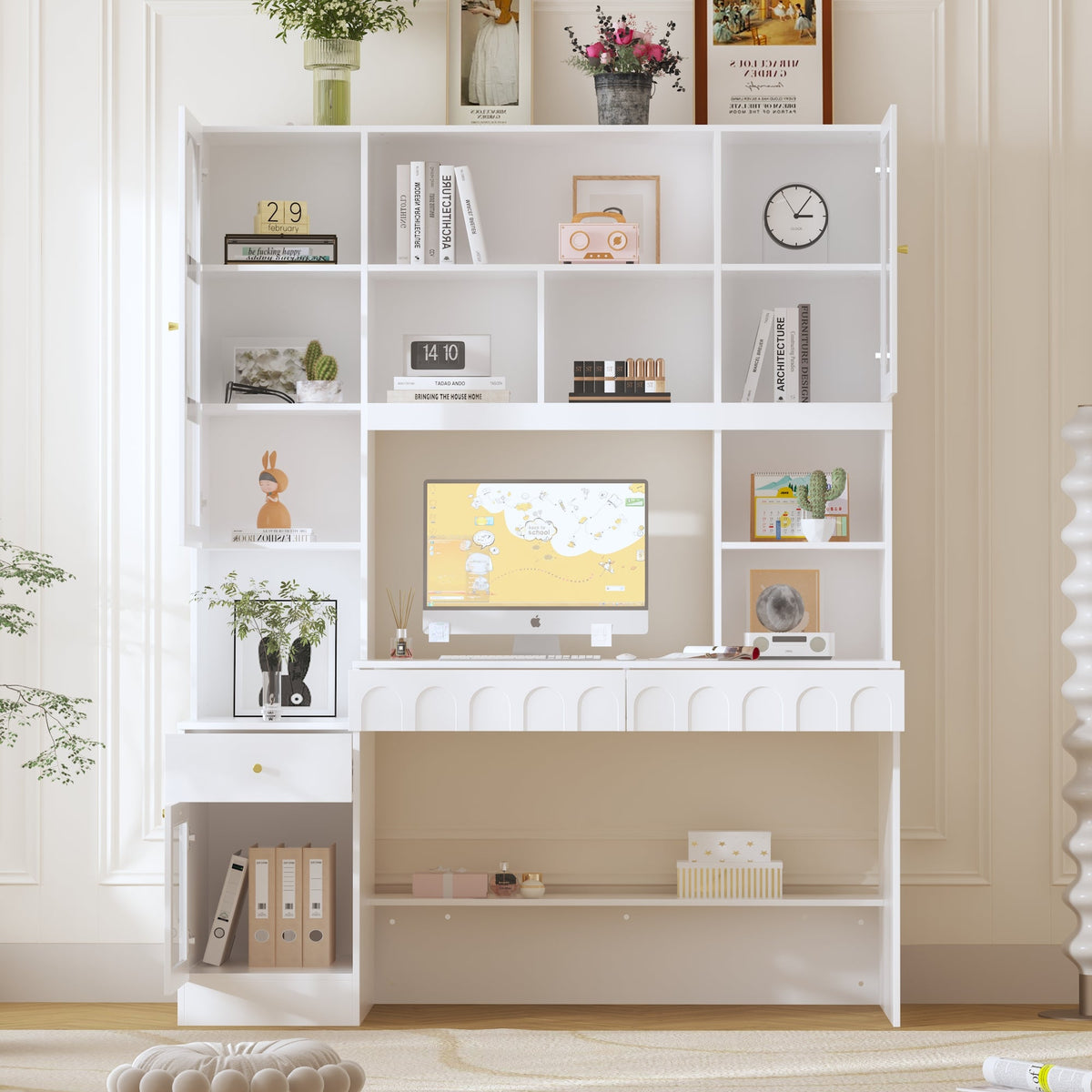 62.4" Modern White Desk with Hutch, Open Shelves and Cabinets