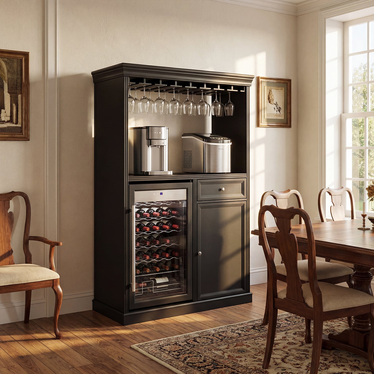 Dark wooden bar cabinet with wine cooler and glass holder in a dining room setting.