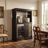 Dark wooden bar cabinet with wine cooler and glass holder in a dining room setting.