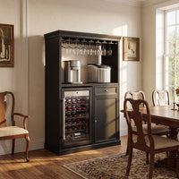 Dark wooden bar cabinet with wine cooler and glass holder in a dining room setting.